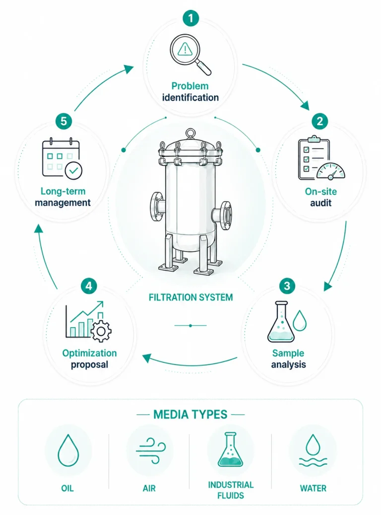 Filter management process diagram with five steps and types of media