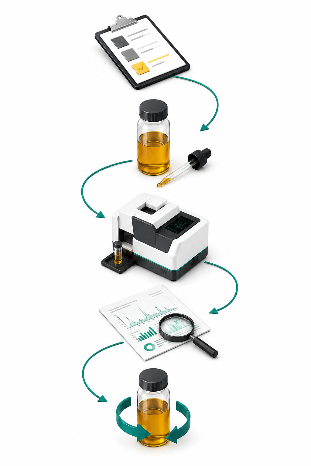 Five steps of oil analysis: package selection, sampling, laboratory analysis, recommendations, and re-verification.